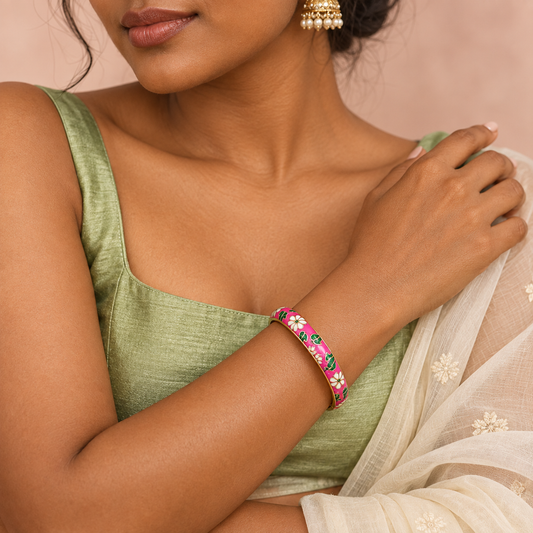 Gulabi Baagh enamel bangle by Rangat — editorial model