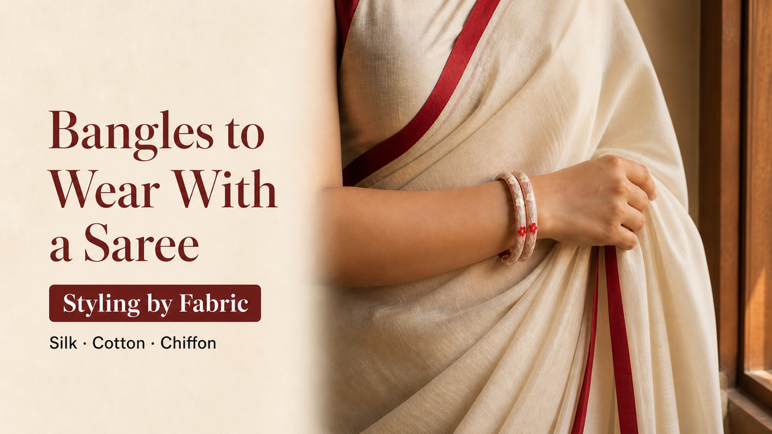 Rangat enamel bangles styled with a cream saree