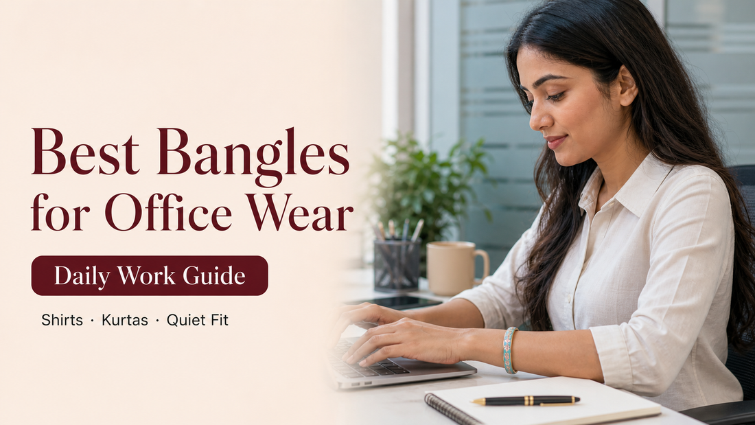 Indian professional wearing a Rangat enamel bangle at an office desk