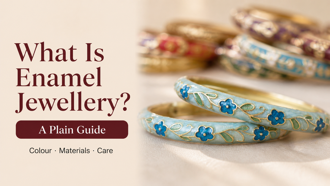 Close-up of colourful Rangat enamel bangles