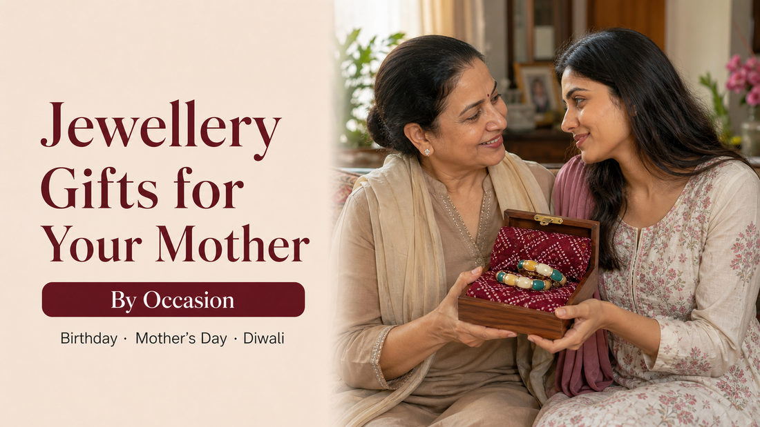 Daughter giving Rangat bangles to her mother in a bandhani-print box