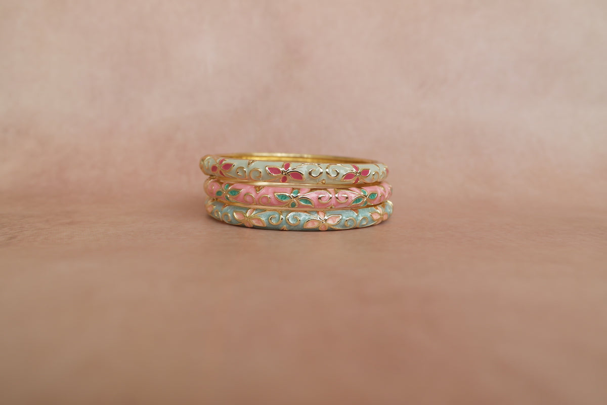 Navrang Stack enamel bangle by Rangat — three-piece floral stack in blush pink