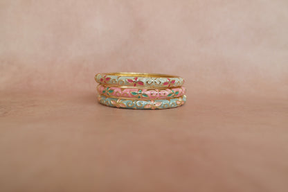 Navrang Stack enamel bangle by Rangat — three-piece floral stack in blush pink