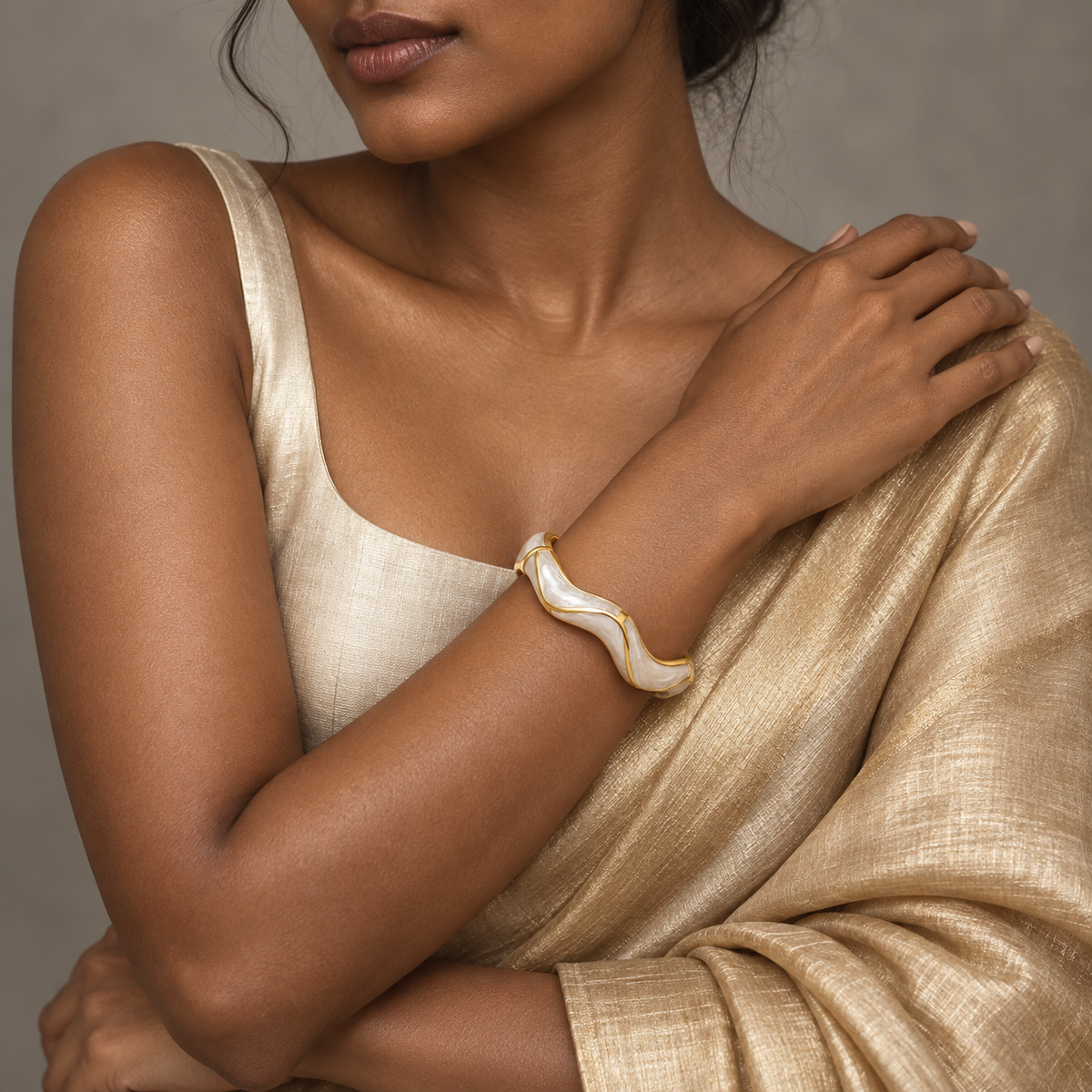 Chand Dhaara enamel bangle by Rangat — editorial model