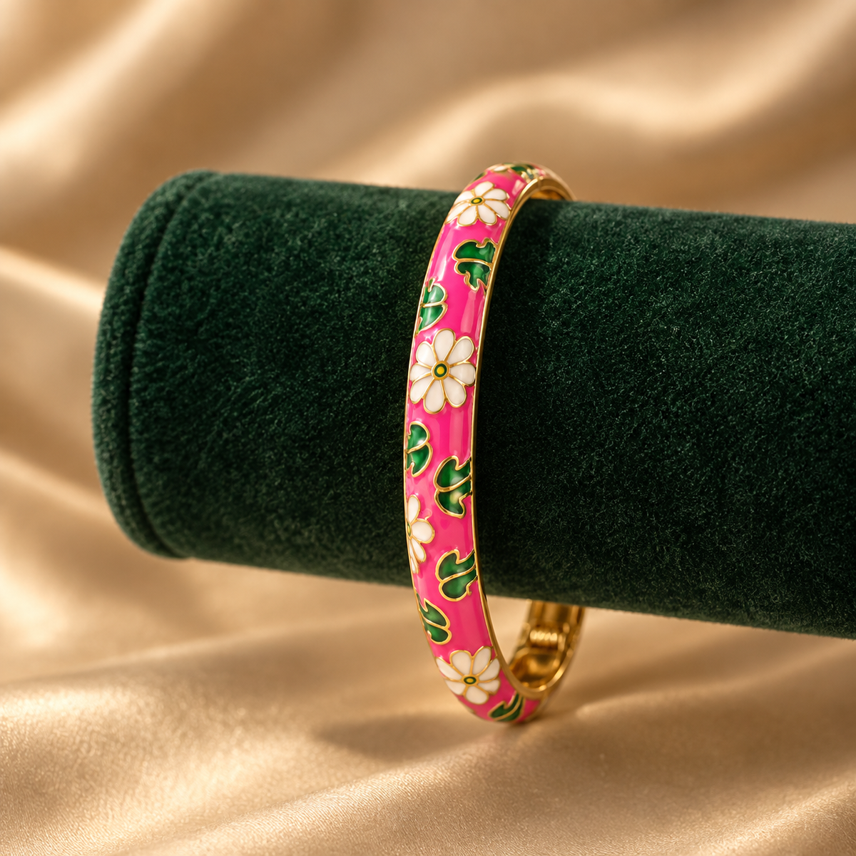 Gulabi Baagh enamel bangle by Rangat — velvet display