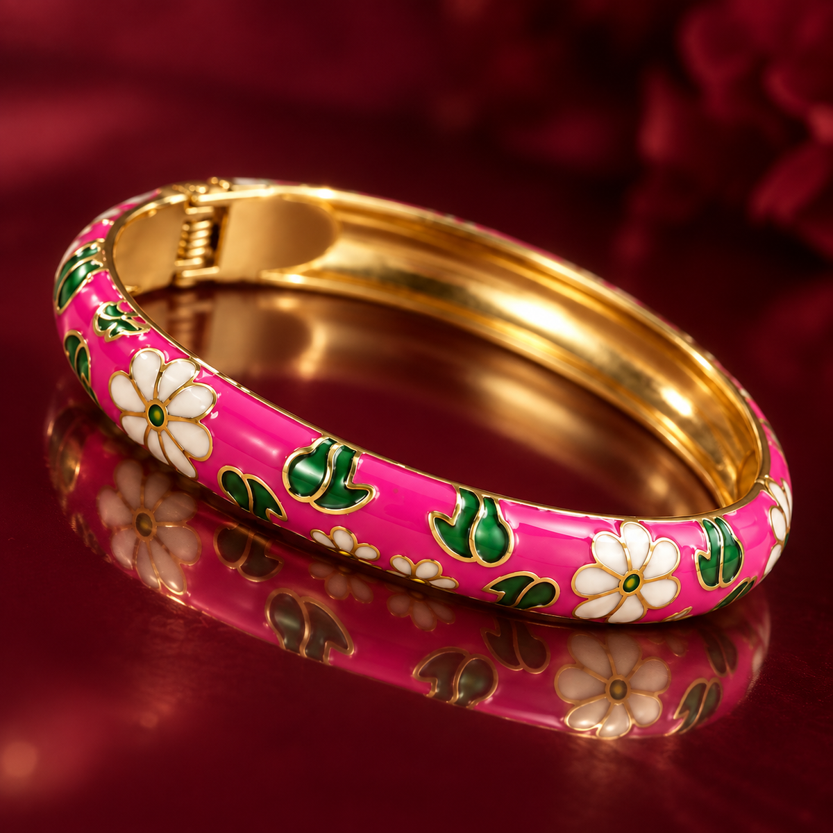 Gulabi Baagh enamel bangle by Rangat — reflective macro