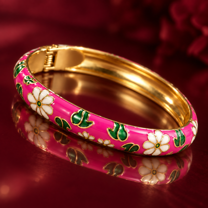 Gulabi Baagh enamel bangle by Rangat — reflective macro