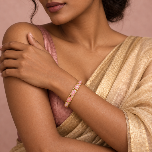 Gulbahaar enamel bangle by Rangat — editorial model