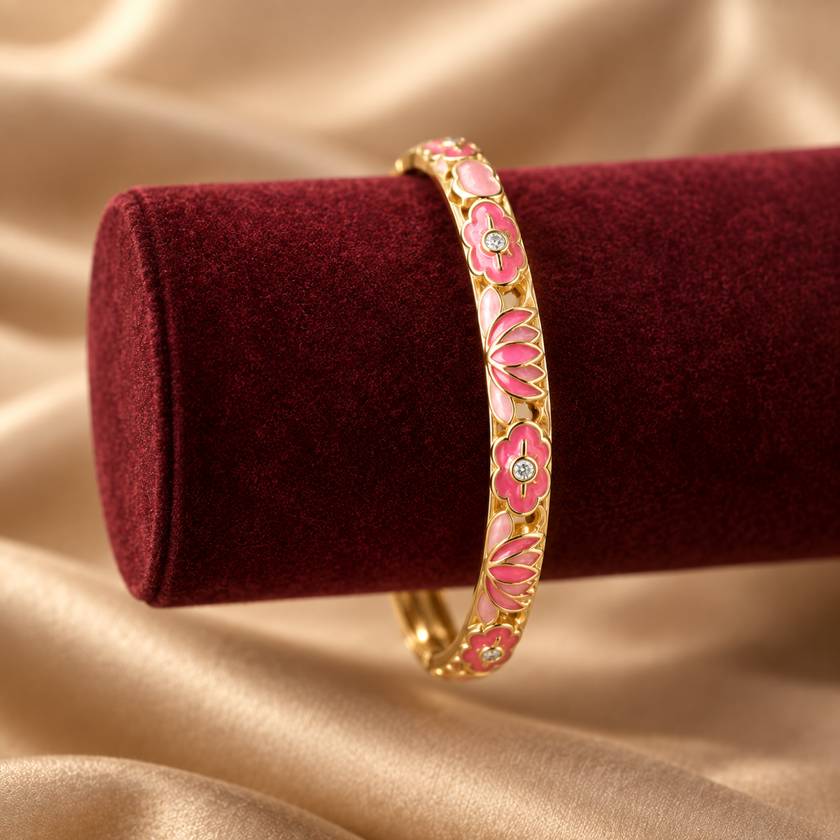 Gulbahaar enamel bangle by Rangat — velvet display