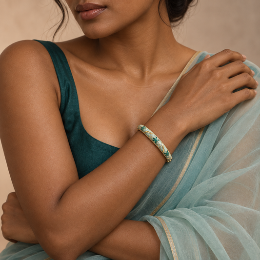 Hari Bel enamel bangle by Rangat — editorial model