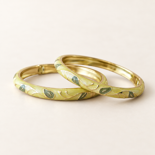 Harit Bela enamel bangles on warm ivory background