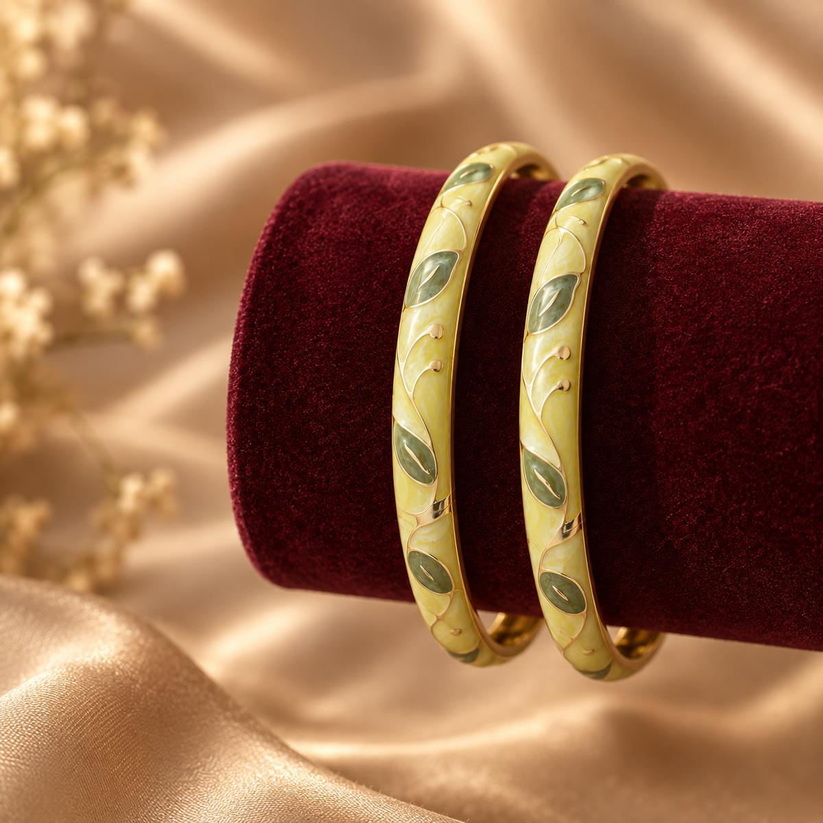 Harit Bela enamel bangles on burgundy velvet display