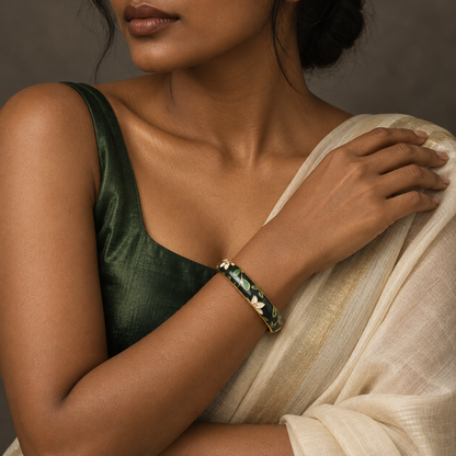 Kaari Baagh Leher enamel bangle by Rangat — editorial model