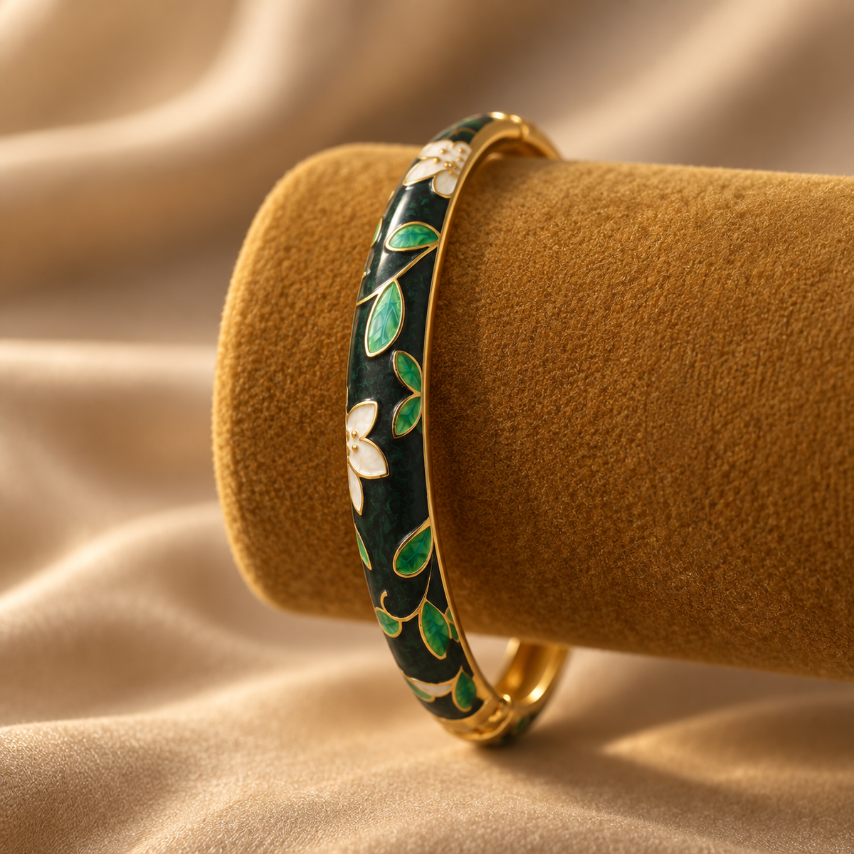 Kaari Baagh Leher enamel bangle by Rangat — velvet display